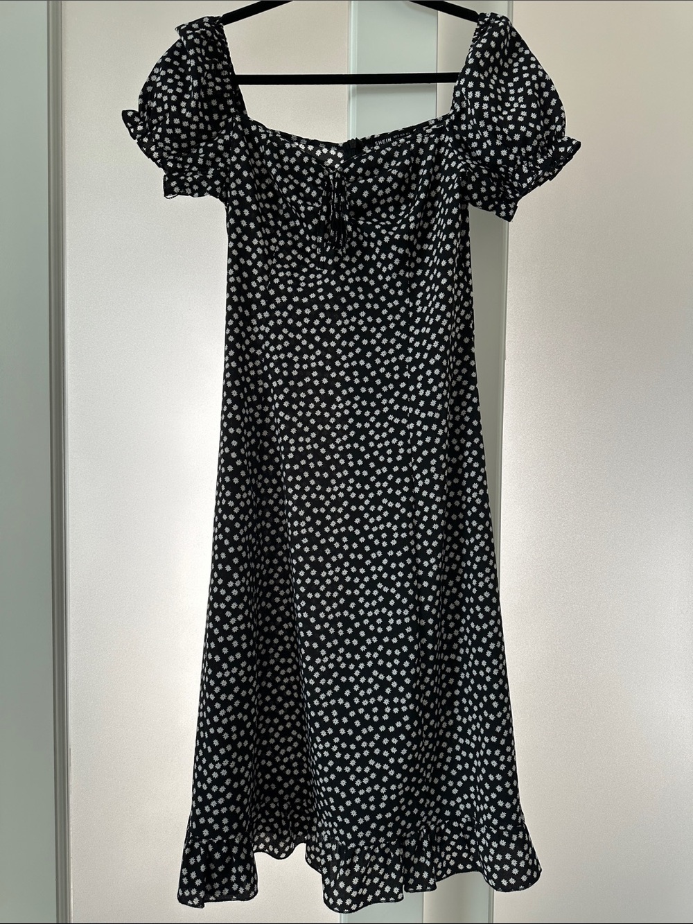 SHEIN Black & White Puff Sleeve Midi Dress with Ruffle Hem